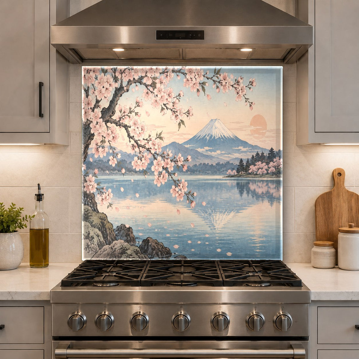 Zen floral glass backsplash panel installed in a contemporary home bar area