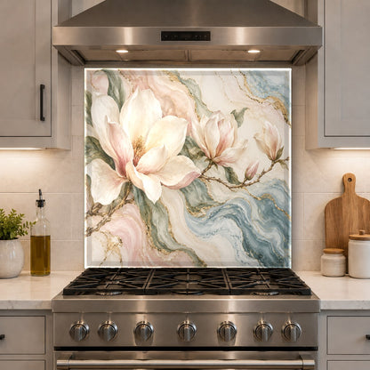 Marble Magnolia glass backsplash installed in a contemporary kitchen island area