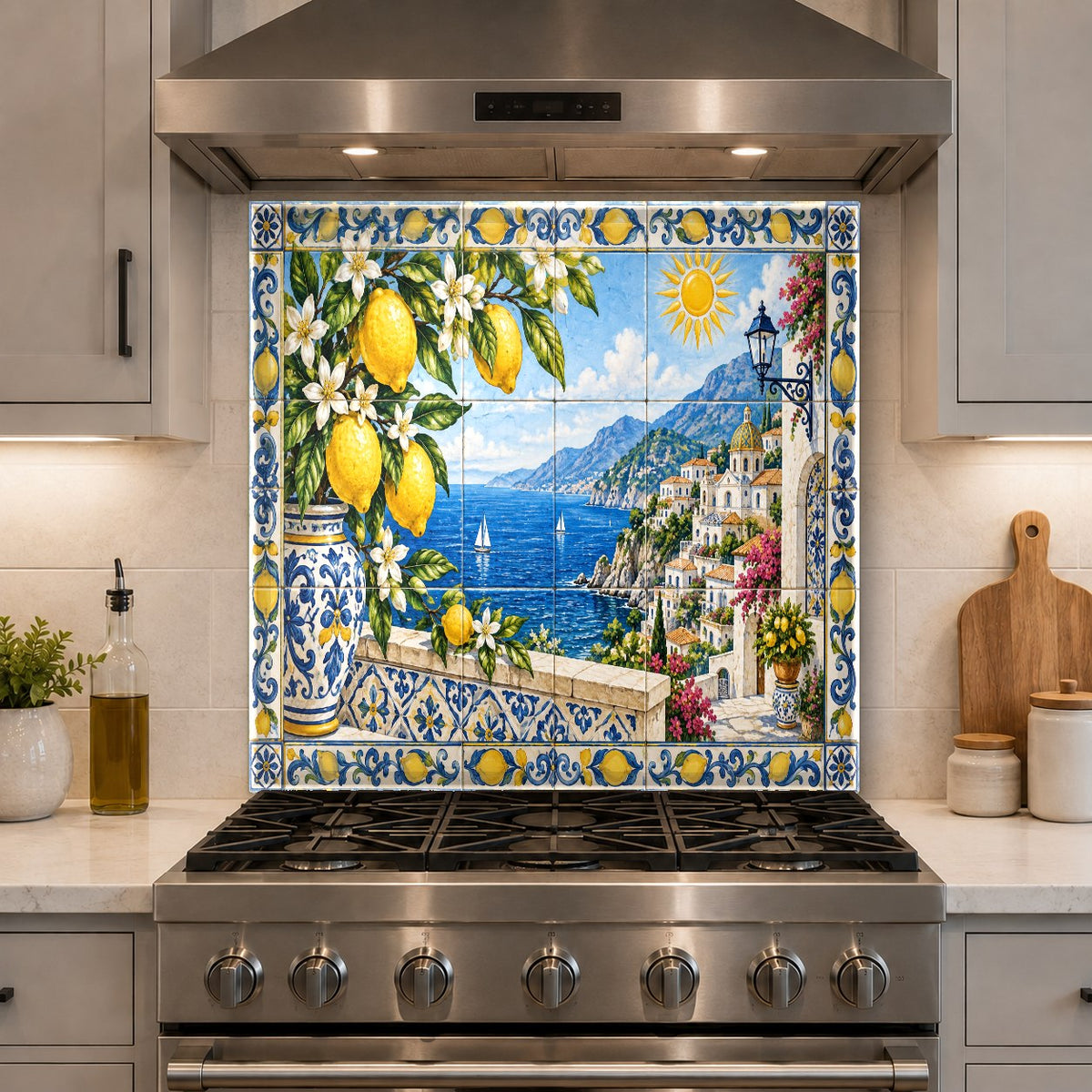 Italian villa style lemon glass backsplash panel mounted behind a kitchen island sink