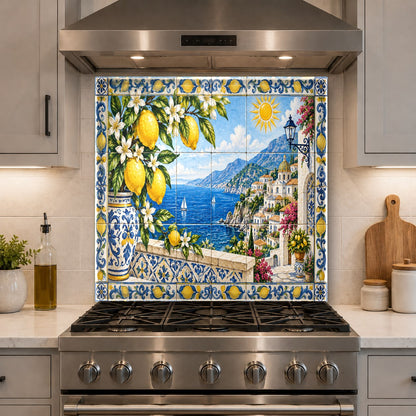 Italian villa style lemon glass backsplash panel mounted behind a kitchen island sink