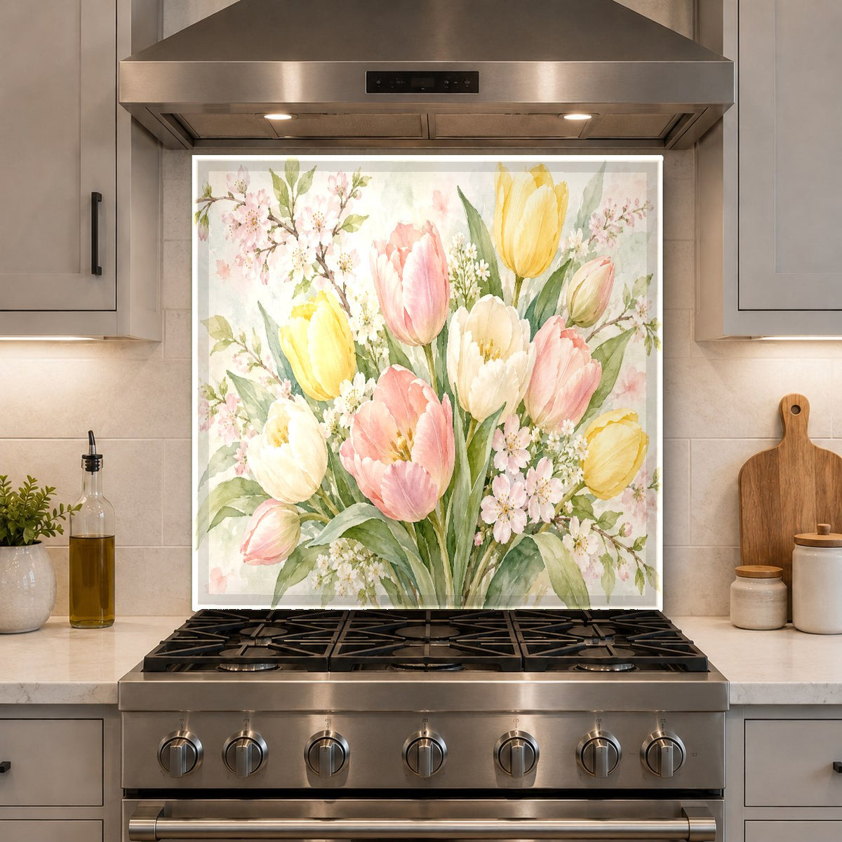 Wide view of kitchen island showing watercolor floral tempered glass wall protector
