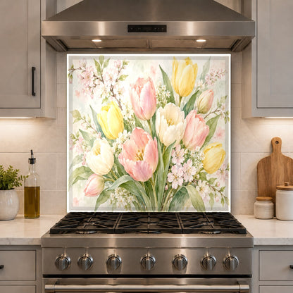 Wide view of kitchen island showing watercolor floral tempered glass wall protector