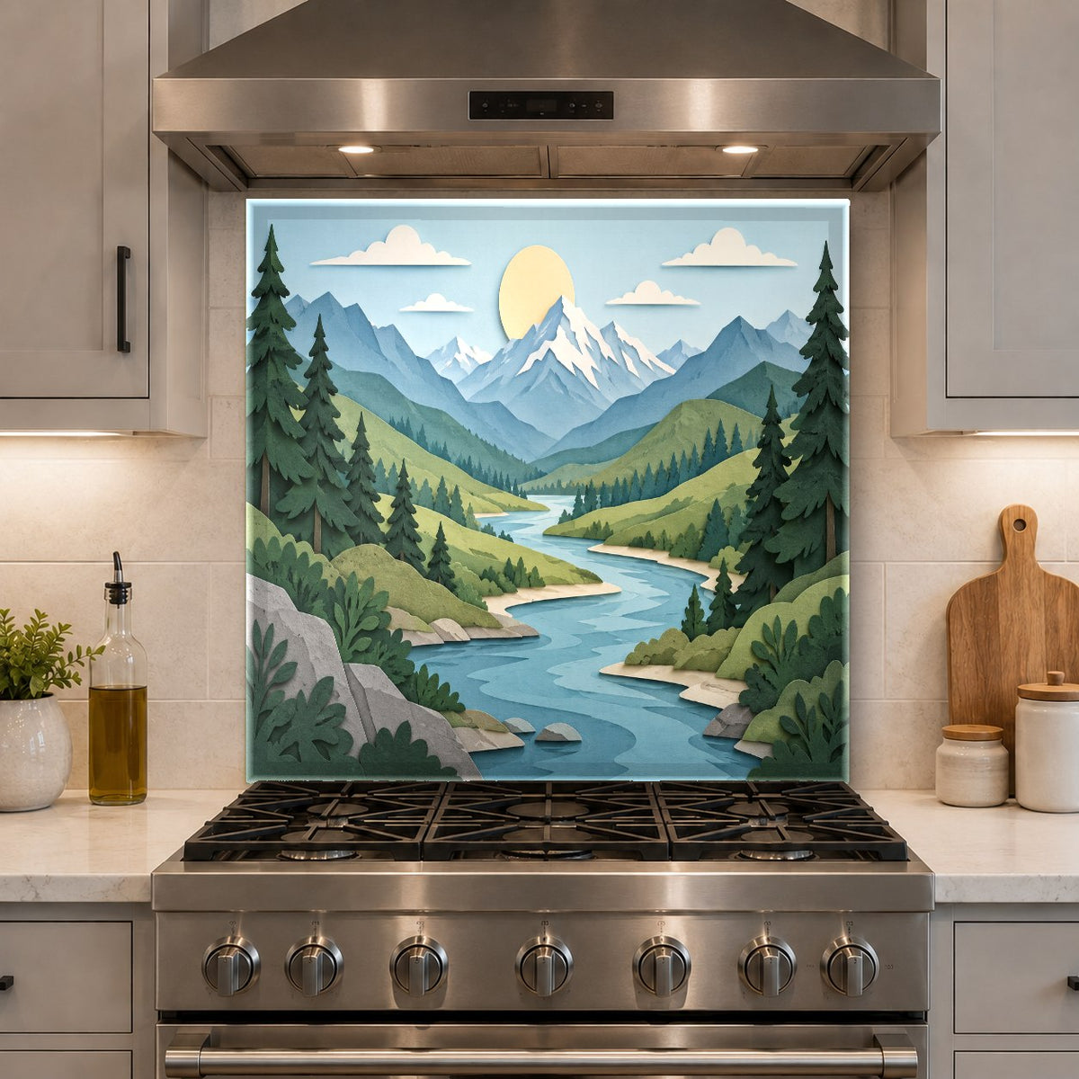High gloss alpine river glass backsplash installed in a modern kitchen island cooking area