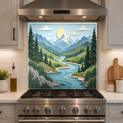 High gloss alpine river glass backsplash installed in a modern kitchen island cooking area