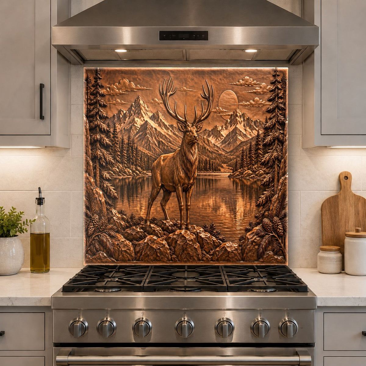 Rustic copper stag glass kitchen panel installed in a bar area