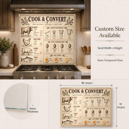 Meat Temperature Chart tempered glass backsplash in a farmhouse style kitchen