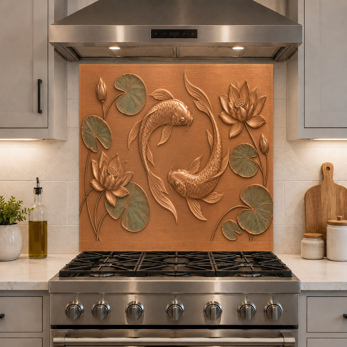 Close-up of heat-resistant tempered glass kitchen backsplash featuring lotus flowers