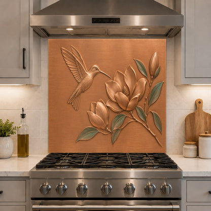 Tempered glass kitchen panel with botanical art installed behind a modern range hood