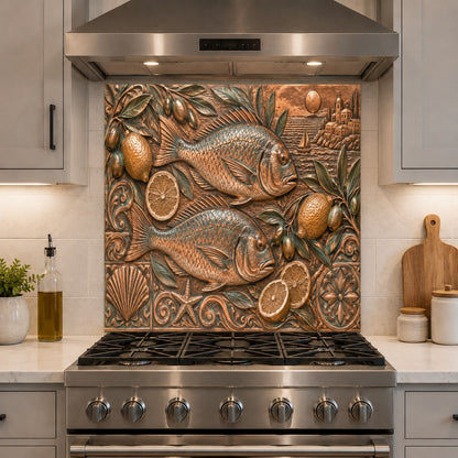 Tempered glass stove splash guard with coastal fish design in a white kitchen