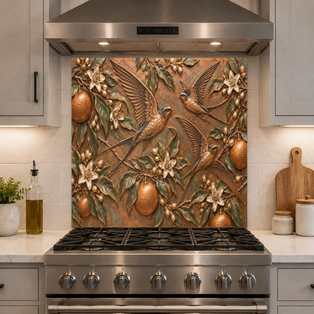 Orange Swallows glass backsplash installed in a modern luxury kitchen island area