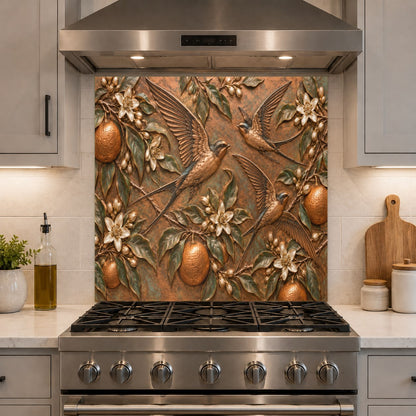 Orange Swallows glass backsplash installed in a modern luxury kitchen island area