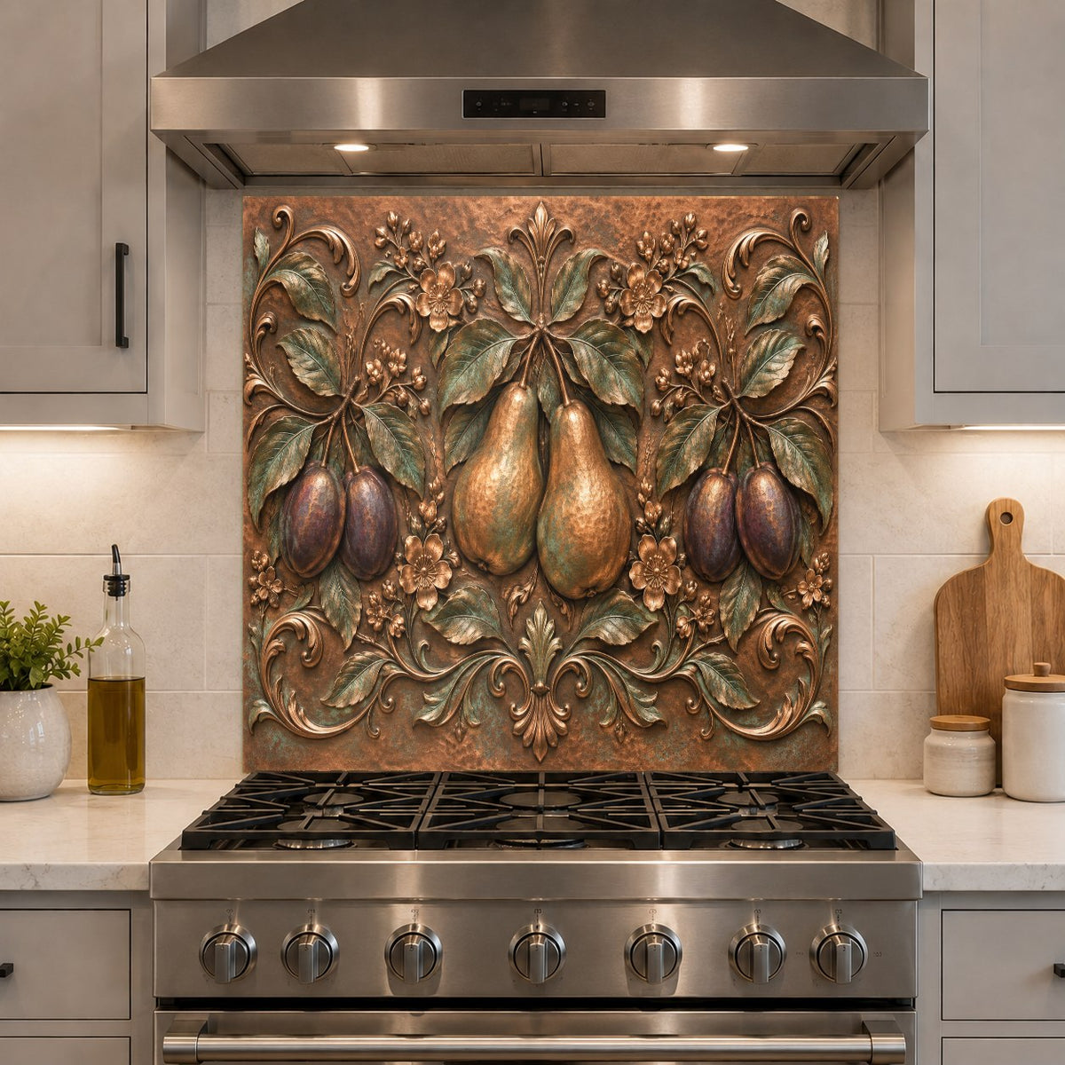 Tempered glass pear and plum fruit panel mounted as a modern kitchen backsplash