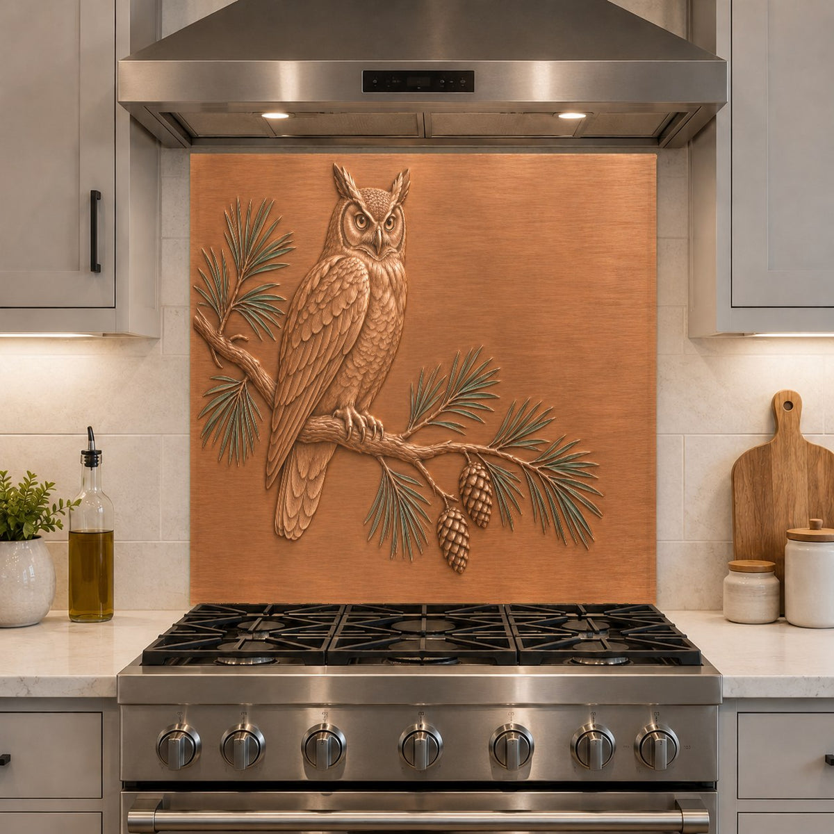 Tempered glass kitchen backsplash featuring pine owl art over an oven range