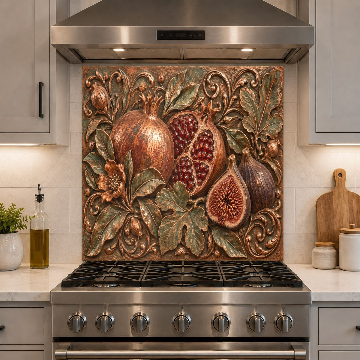 Tempered glass kitchen backsplash featuring Pomegranate Fig pattern behind a stainless steel range