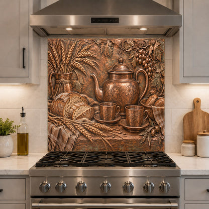Tempered glass kitchen backsplash with Rustic Teatime design mounted behind an electric range