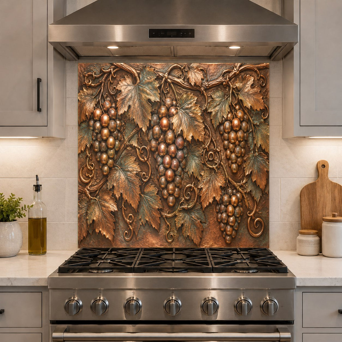 Rustic home bar area protected by a Vineyard Grapes glass backsplash panel