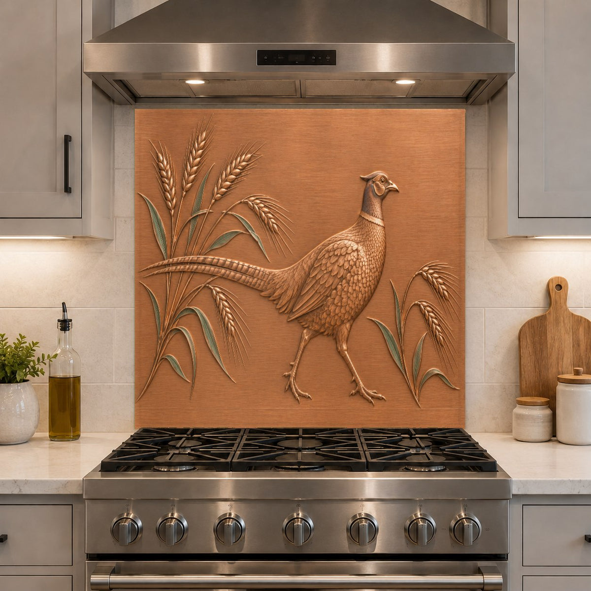 Custom tempered glass kitchen backsplash panel over the kitchen counter