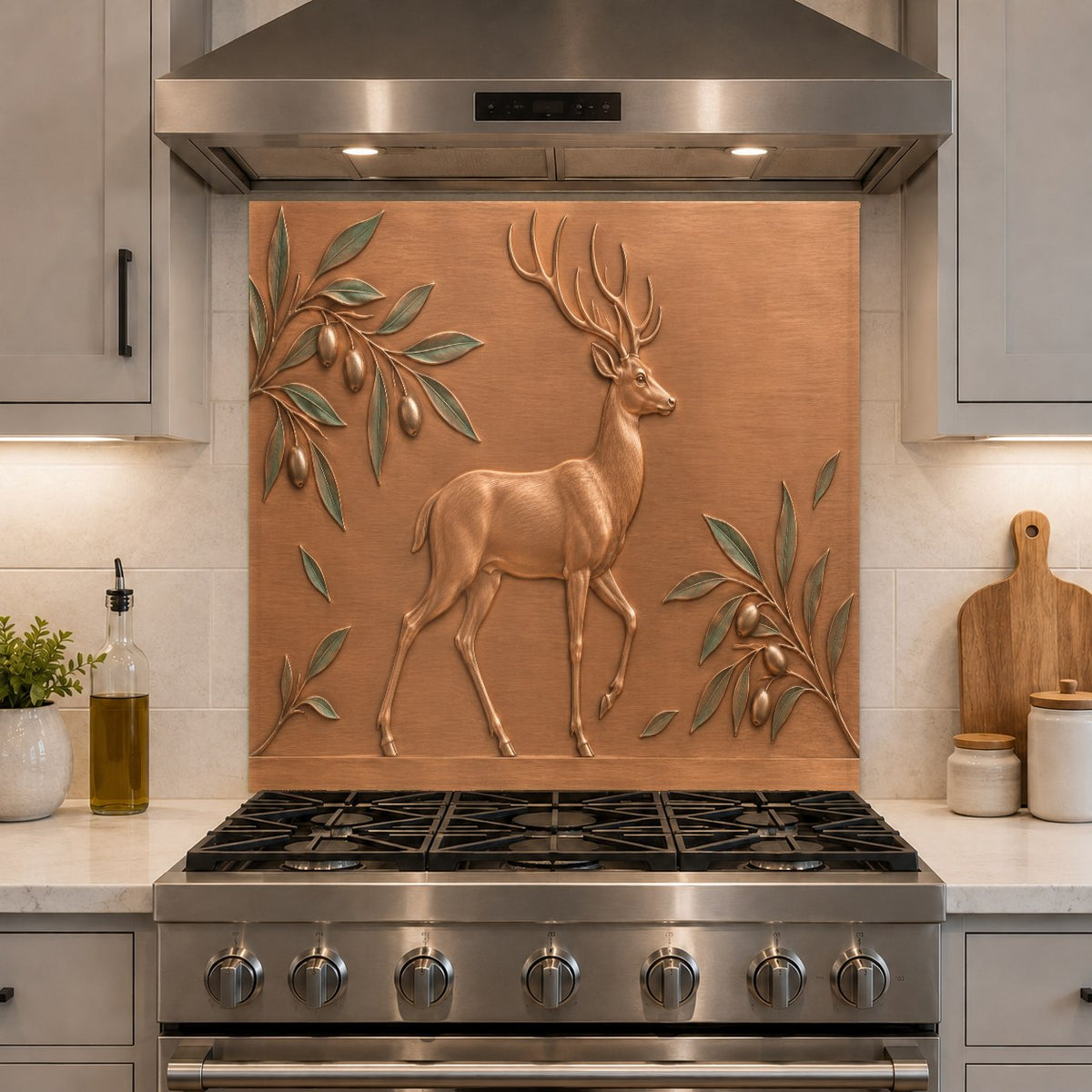 Close-up of high gloss tempered glass kitchen backsplash with deer design