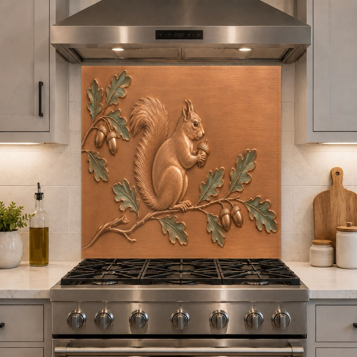 Acorn squirrel tempered glass backsplash panel adding a charming touch of nature to a cabin-style home bar.