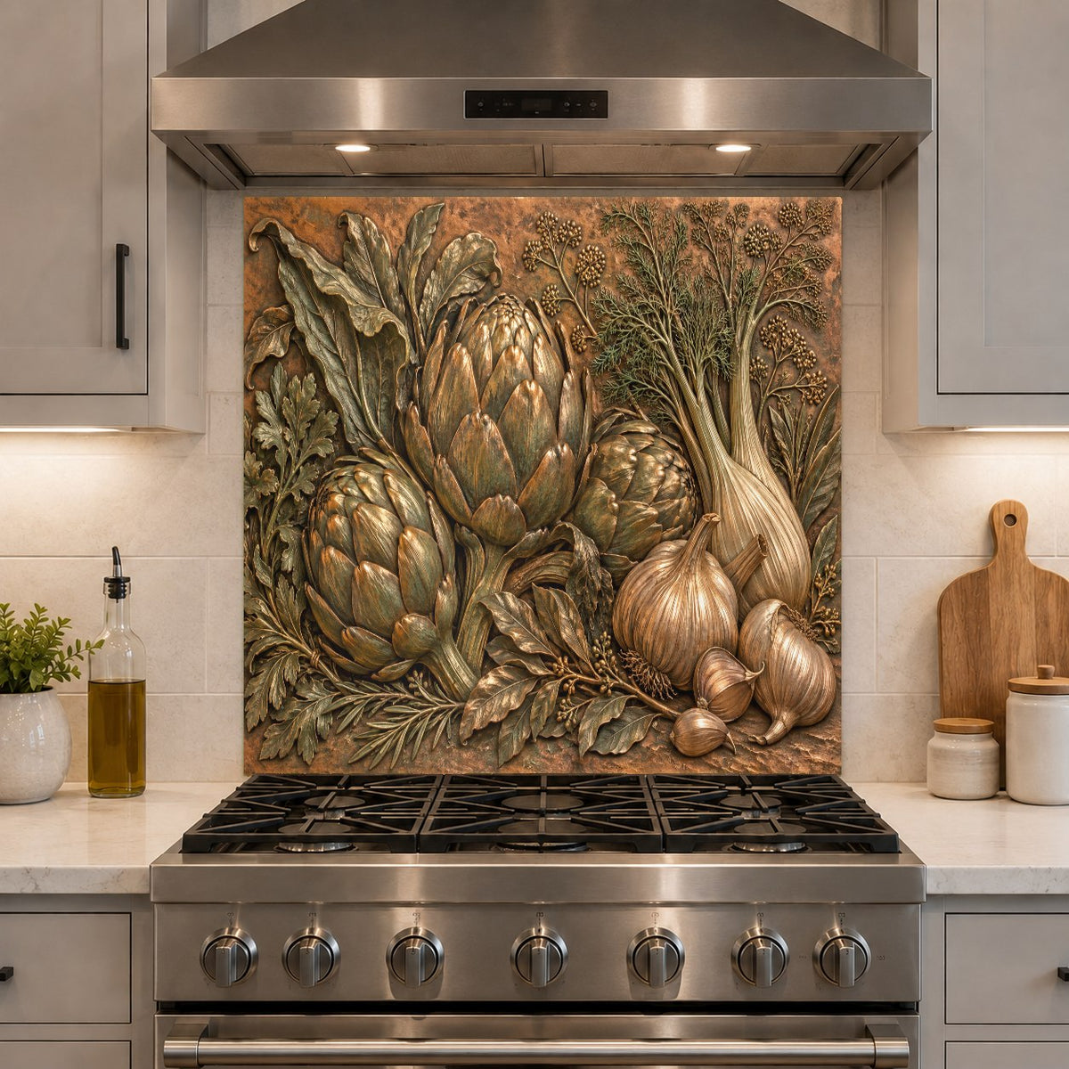 Botanical vegetable glass backsplash panel behind a kitchen prep island