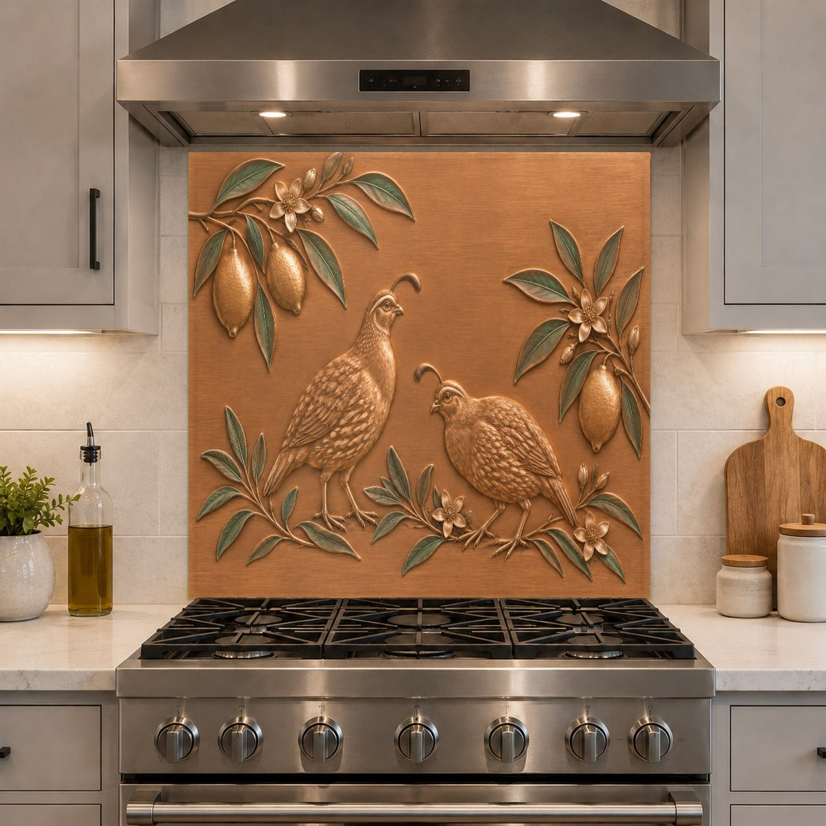 Heat-resistant glass backsplash with citrus fruit theme behind a stainless steel range
