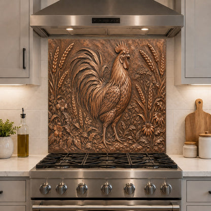 Tempered glass kitchen backsplash with farmhouse rooster art behind an electric cooktop