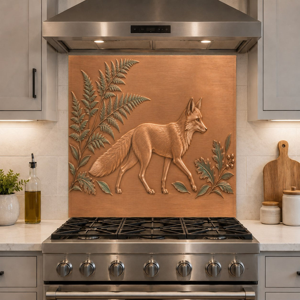 Modern home bar area accented with a vibrant Fern Fox glass backsplash panel and ambient lighting.
