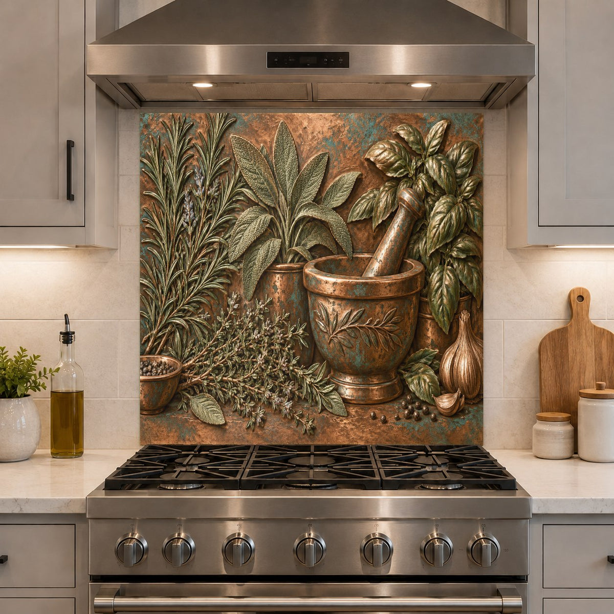 Heat-resistant glass kitchen backsplash protecting the main cooking zone
