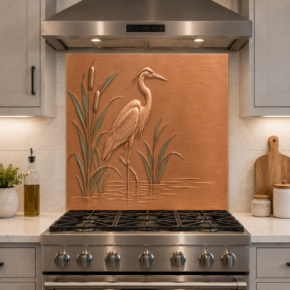 Kitchen stove protected by a vibrant heron marsh tempered glass backsplash