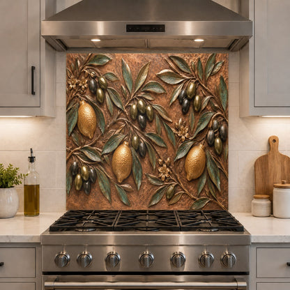 Custom size lemon olive glass backsplash panel installed in a modern farmhouse kitchen