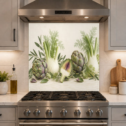 Artichoke Fennel custom glass backsplash accenting a luxury kitchen island
