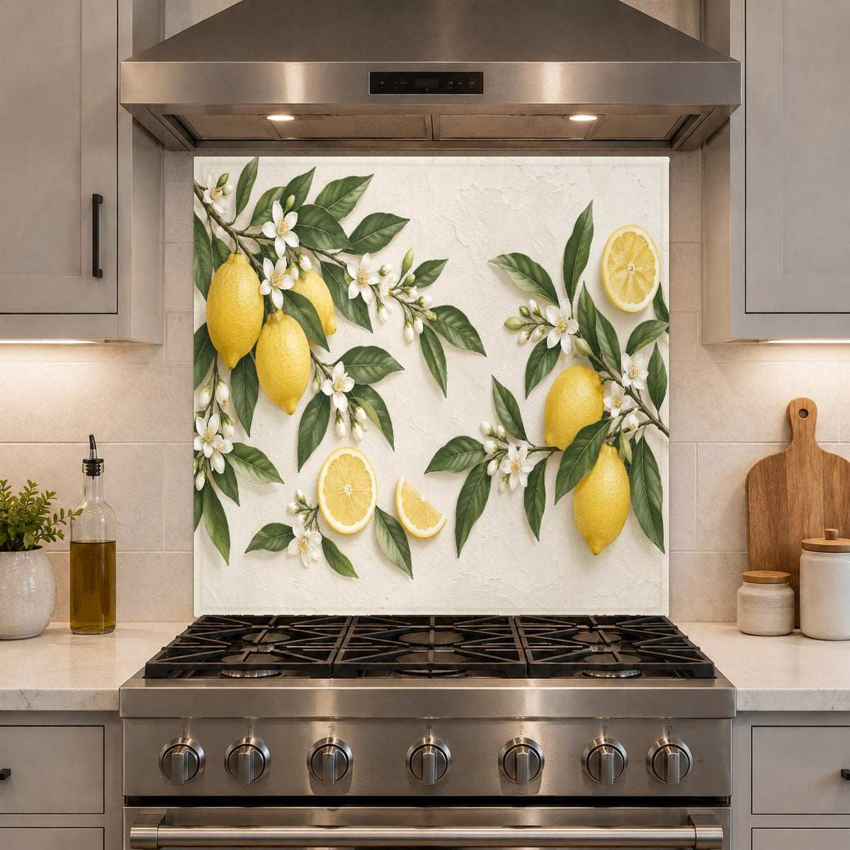 Lemon Blossom glass backsplash panel mounted over a kitchen prep island