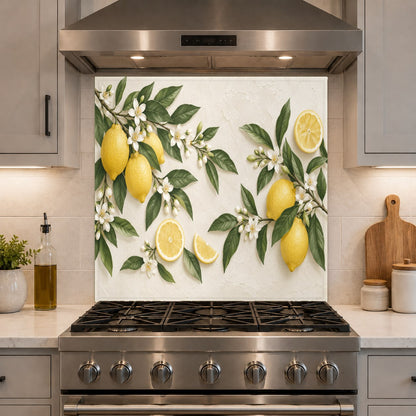 Lemon Blossom glass backsplash panel mounted over a kitchen prep island