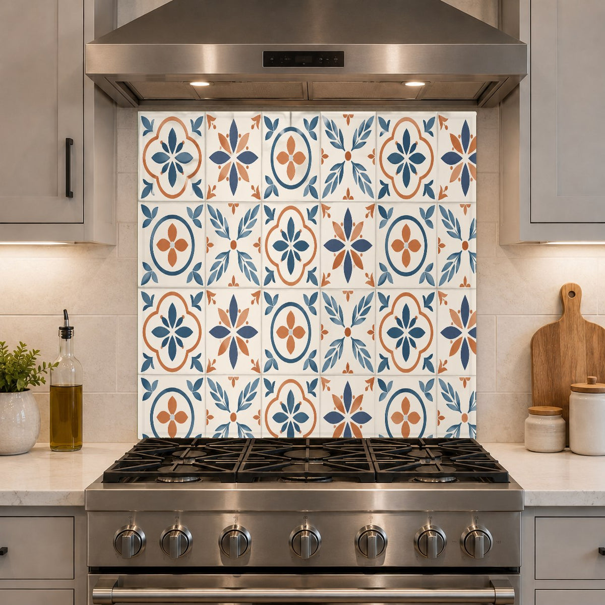 Tempered glass kitchen backsplash featuring classic Mediterranean tile artwork