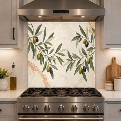 Tempered glass kitchen backsplash with olive branch motif installed in a luxury kitchen