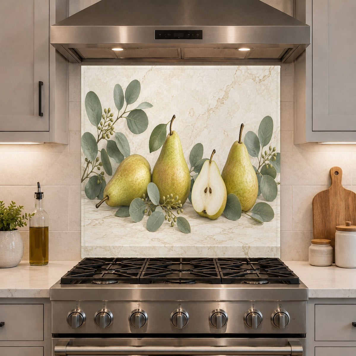 Pear Eucalyptus pattern glass backsplash installed in a sleek urban apartment kitchen