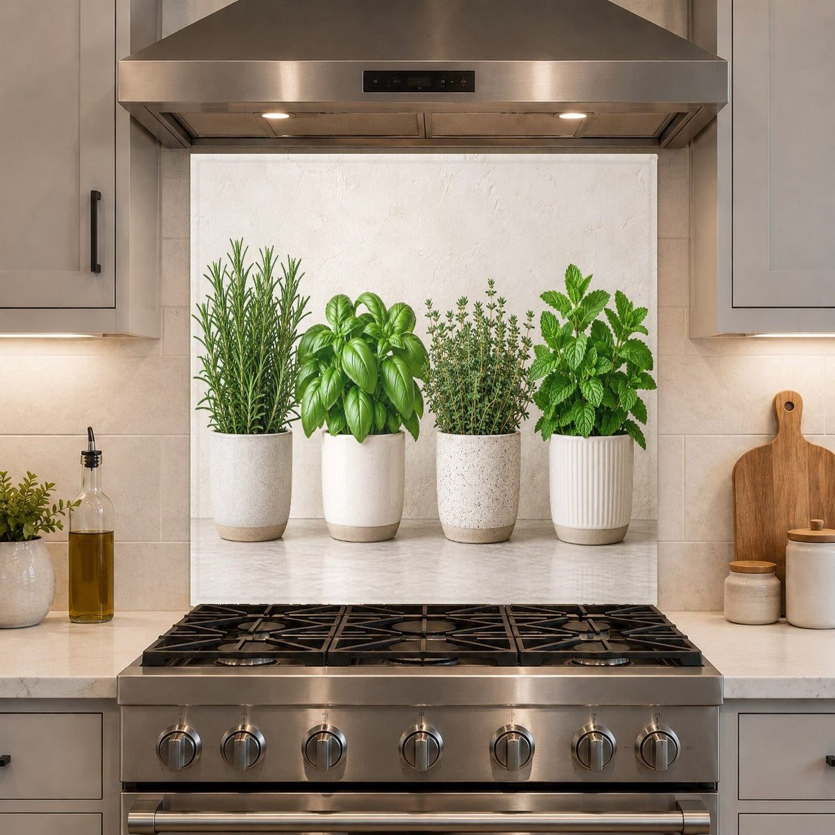 Tempered glass kitchen backsplash featuring potted herbs on the sink wall
