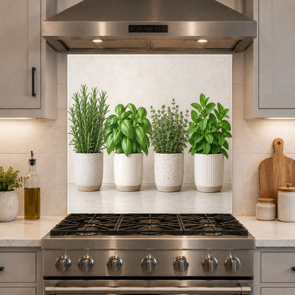 Tempered glass kitchen backsplash featuring potted herbs on the sink wall