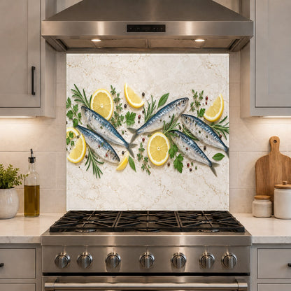 Coastal style tempered glass backsplash installed in a bright home bar area