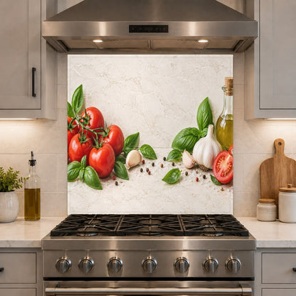 Tomato basil fruit kitchen backsplash panel reflecting warm under cabinet lighting