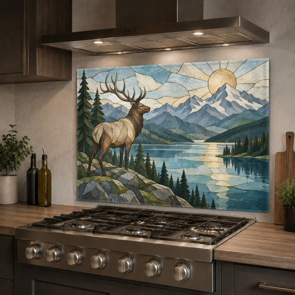 Durable and heat-resistant glass backsplash with an elk river design installed in a modern rustic bar area.