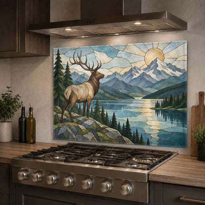 Durable and heat-resistant glass backsplash with an elk river design installed in a modern rustic bar area.