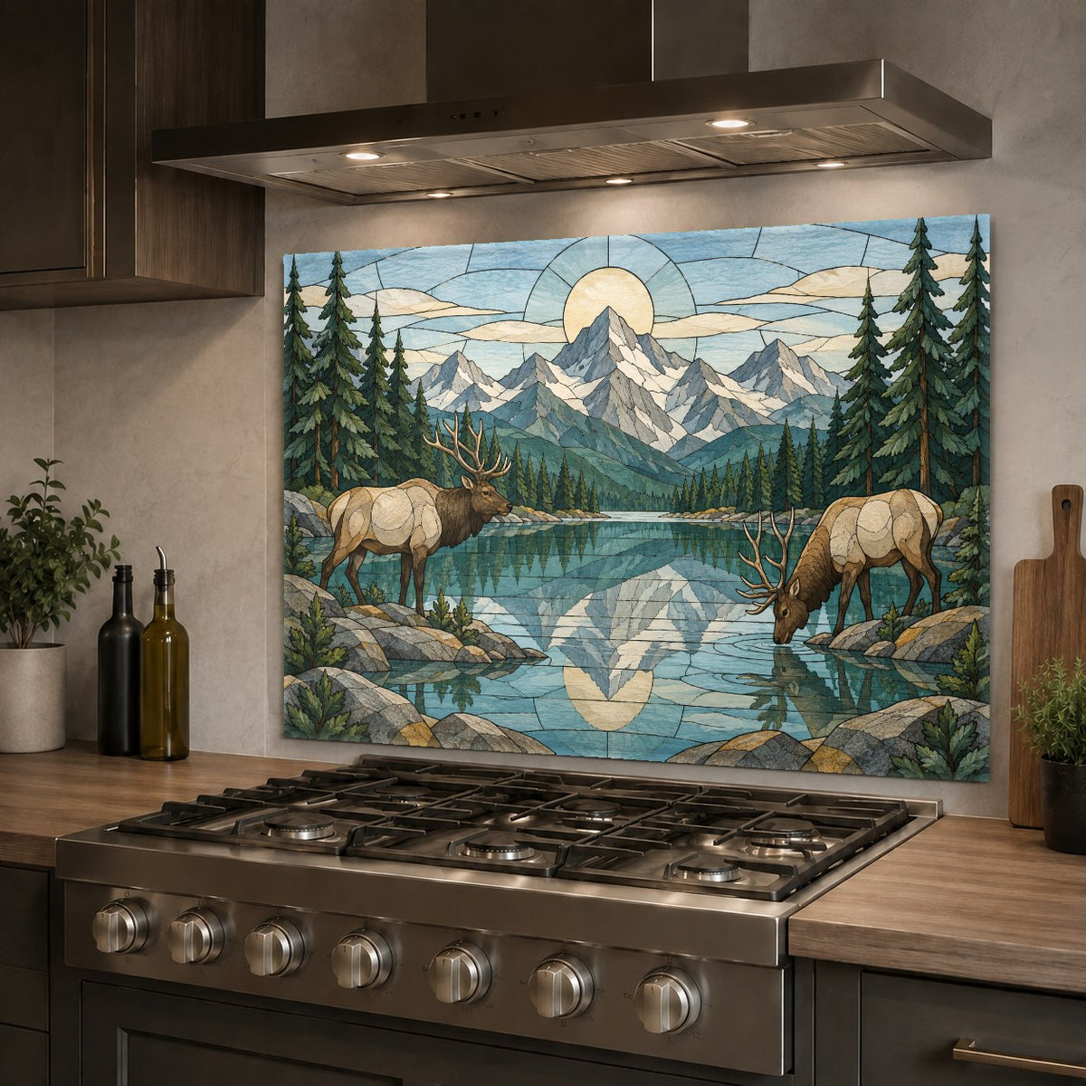 Home bar wet area featuring a rustic mountain river and deer tempered glass backsplash panel for easy cleaning.