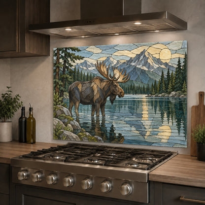 Close-up of the high-gloss Elk Mountain River glass backsplash texture behind a range