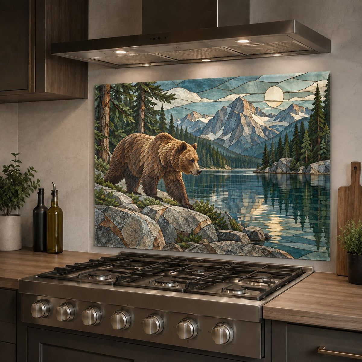 Cabin-style kitchen stove splash guard with a majestic bear in a pine forest, illuminated by under-cabinet LED lights.
