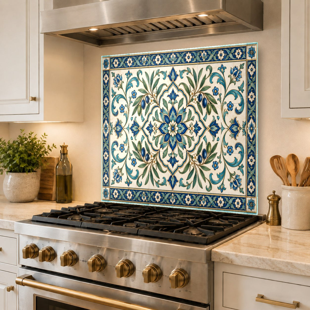 Heat-resistant glass kitchen backsplash protecting a tiled kitchen wall