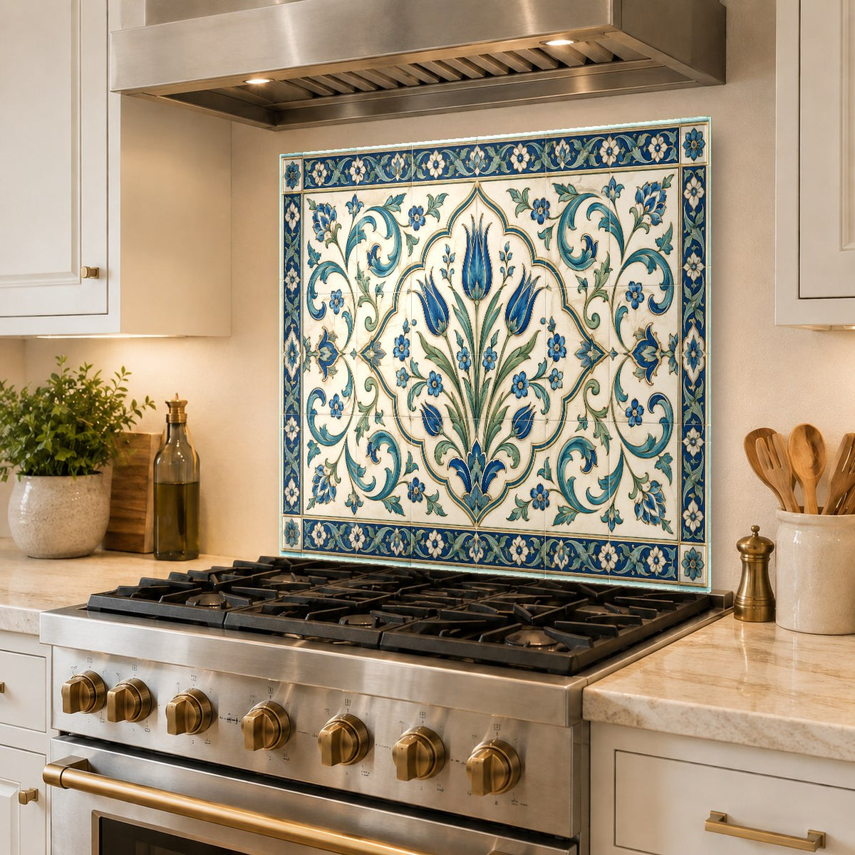 Custom cut glass kitchen backsplash panel installed in a luxury home bar area