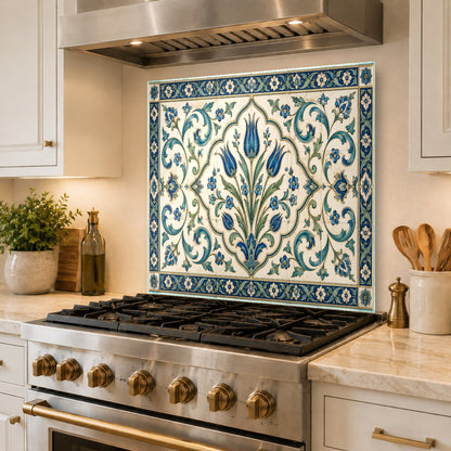 Custom cut glass kitchen backsplash panel installed in a luxury home bar area