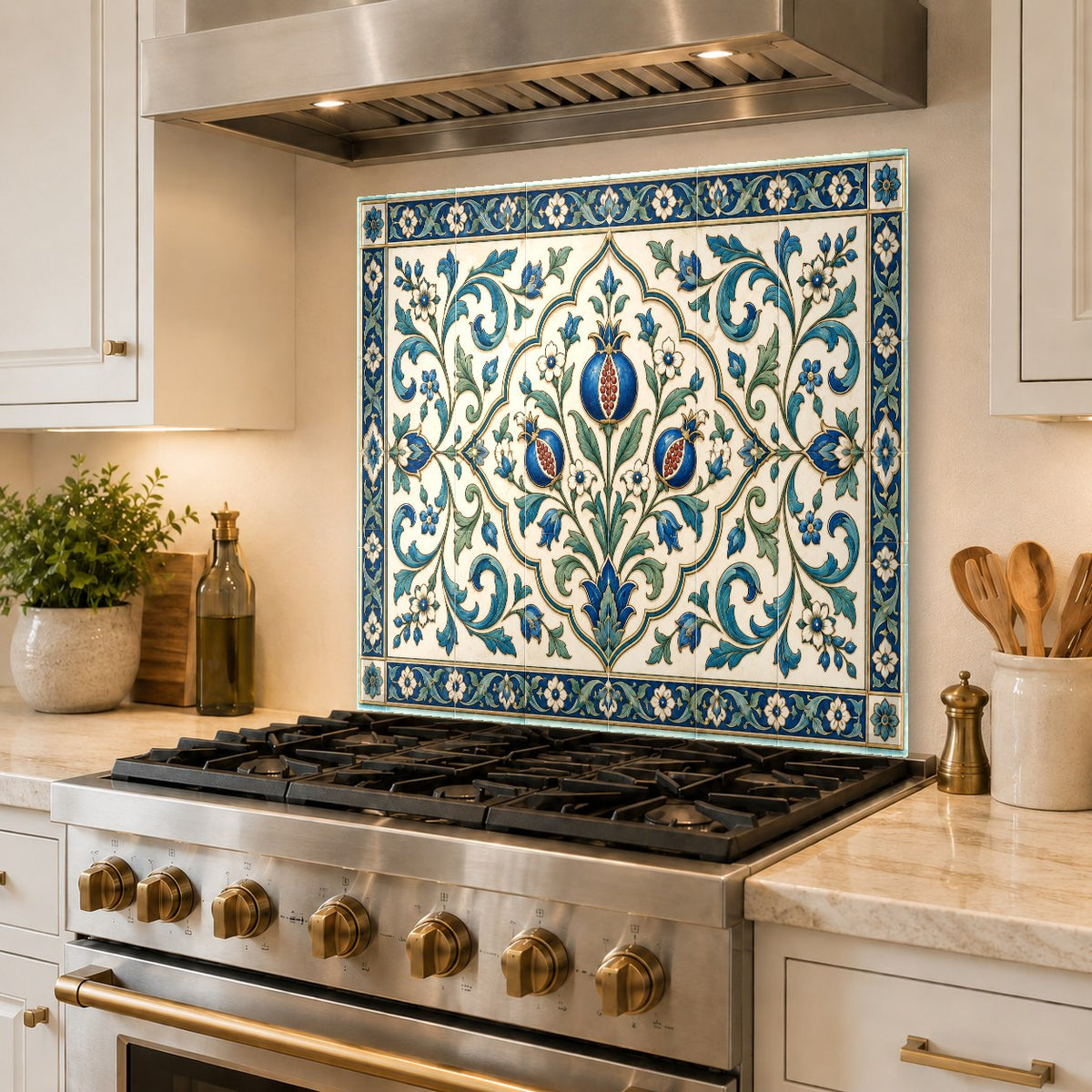 Elegant sage green grove patterned glass kitchen backsplash mounted over white subway tiles.