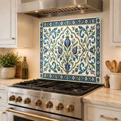 Elegant sage green grove patterned glass kitchen backsplash mounted over white subway tiles.